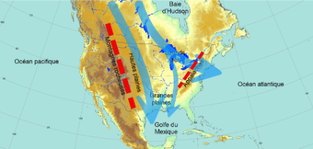 A differenza dell'Europa, la topografia del Nord America è orientata sull'asse nord-sud. Questa configurazione a imbuto facilita il flusso dell'aria artica verso sud (in blu). 
