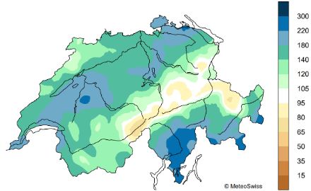 Fig. 4: Totale mensile delle precipitazioni di gennaio 2025, rappresentato come percentuale della norma 1991-2020. 