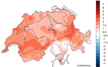 Fig. 2: Distribuzione spaziale dell’anomalia della temperatura media mensile di dicembre 2024 rispetto alla norma 1991-2020. 