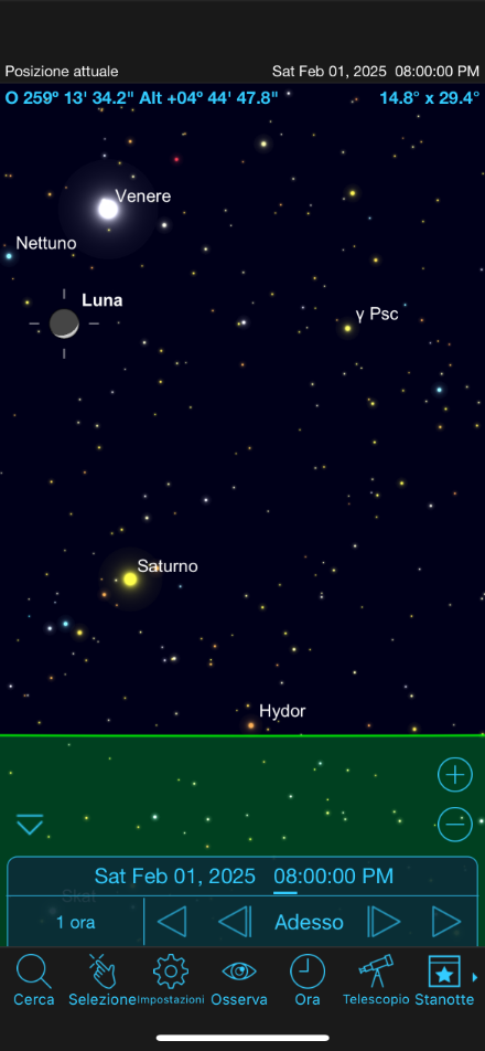 Fig. 2: simulazione del cielo alle ore 20 di sabato 1° febbraio 2025 a Locarno, con la Luna “a barchetta”, Venere molto luminoso e Saturno un po’ più basso sull’orizzonte 