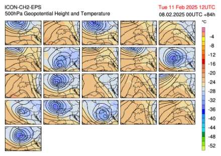 Fig. 1: geopotenziale e temperatura a 500 hPa (circa 5500 m): le 21 possibilità simulate dal modello ICON-CH-2E per martedì alle 12.