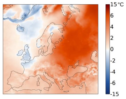 Cartina dell'Europa con la distribuzione delle temperature di gennaio 2025.