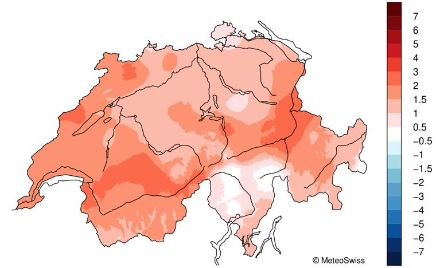 Carta della Svizzera con la distribuzione delle temperature nel gennaio 2025. 