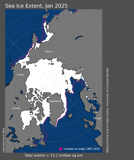 Estensione media del ghiaccio marino nel gennaio 2025 rispetto all'estensione media di gennaio dal 1981 al 2010 (National Snow and Ice Data Center).