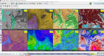 Schermata del software di visualizzazione con varie finestre in cui sono rappresentati differenti paramenti in scale di colore.