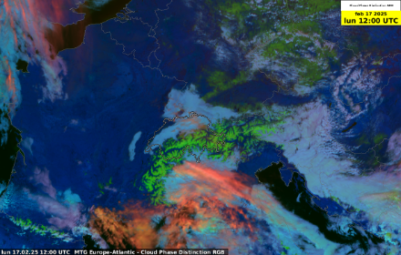 Fig. 2: immagine satellitare composita di lunedì alle 12 UTC, che mette in evidenza le nubi in fase liquida (celesti), quelle di ghiaccio (sul rosa-arancione) e la neve al suolo (verde). Le nubi basse ricoprivano anche l’Altopiano svizzero 