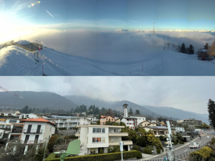 Fig. 1: lunedì mattina verso le 8, il panorama da Cimetta (1670 m s.l.m.) e da Locarno-Monti (370 m s.l.m.). La nuvolosità aveva un limite inferiore attorno a 1200 m e uno superiore poco sopra i 1600. Una coltre nuvolosa di questo spessore si dissolve solo difficilmente in febbraio. Solo verso le 17 siamo riusciti a vedere qualche schiarita 