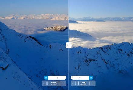 Fig. 5: webcam sull’antenna del Monte Tamaro, confronto fra la mattina alle 8 e la sera alle 17: le nubi si sono abbassate di circa 100 m e si sono localmente diradate 