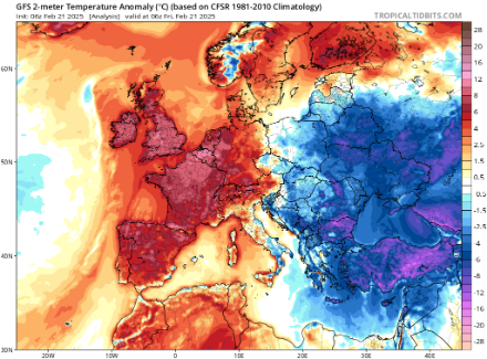Variazione della temperatura in Europa venerdì 21.02.2025, rispetto al periodo di riferimento 1981-2010. 