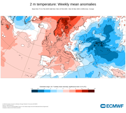 Variazione di temperatura prevista per la settimana dal 24.02 al 03.03.2025 (rosso troppo caldo, blu troppo freddo).