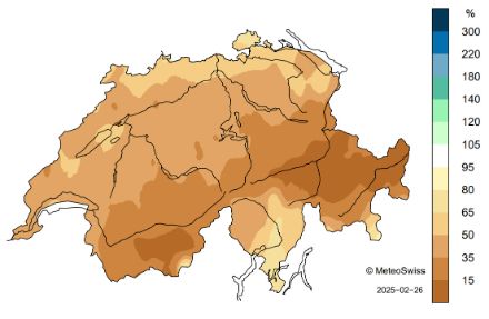 Fig. 3: Distribuzione spaziale dei totali delle precipitazioni di febbraio 2025, indicata in % della norma 1991-2020 (aggiornata al 26.02.2025).