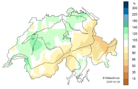 Fig. 6: Distribuzione spaziale dei totali delle precipitazioni dell'inverno 2024/25, rappresentata come percentuale della norma 1991-2020 (aggiornata al 26.02.2025).
