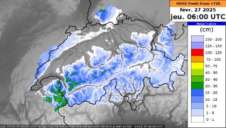 Mappa dei totali di neve fresca previsti fino a giovedì mattina 27 febbraio 2025.