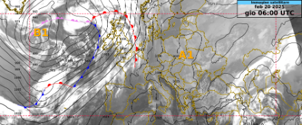Fig. 1: Immagine satellitare di giovedì 20.2.2025 alle ore 7 con i campi di pressione e i fronti. 