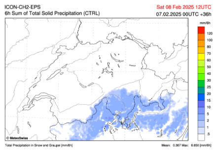 Accumuli di neve nella prima metà di sabato, 6 ore, secondo ICON-CH2