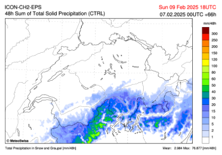 Accumuli di neve attesi su tutto l’evento, 48 ore, entro domenica sera, secondo ICON-CH2