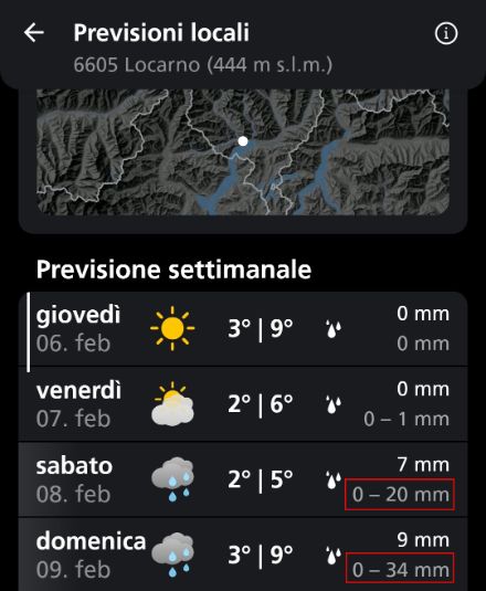 Previsioni locali nella App di MeteoSvizzera, contrassegnata in rosso la forte incertezza negli accumuli giornalieri.