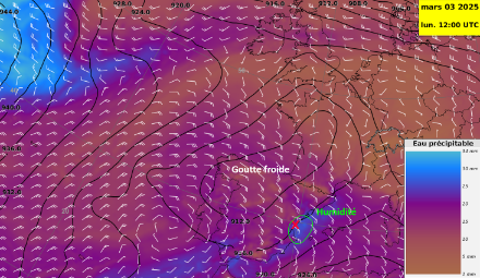 Mappa che mostra la situazione meteorologica il 3 marzo alle 12 UTC. Le linee nere mostrano l'altezza del geopotenziale a 300 hPa (valori in decametri). Il fronte freddo è rappresentato dal contorno nero che si estende dal Portogallo alla Francia occidentale. La scala di colori rappresenta l'acqua precipitabile in mm e le barre bianche il vento a circa 1500 m di altitudine (850 hPa). La croce rossa indica la posizione di Valencia. Fonte: modello IFS, run del 3 marzo 2025 alle 00 UTC.