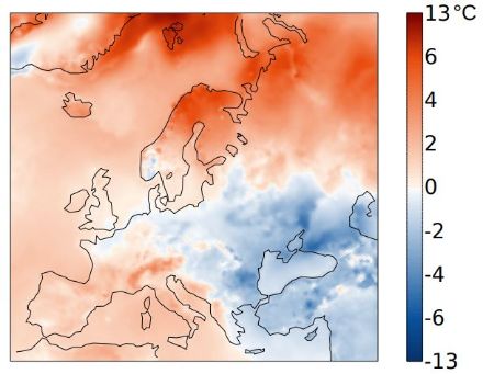 Figura 3: distribuzione delle temperature in Europa nel febbraio 2025. È indicata la deviazione (in °C) dalla norma 1991-2020 