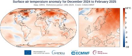 Figura 5: distribuzione della temperatura globale durante l'inverno boreale del 2024/2025. È indicata la deviazione (in °C) dalla norma 1991-2020 