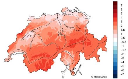 Figura 6: distribuzione della temperatura in Svizzera nel febbraio 2025. È indicata la deviazione (in °C) dalla norma 1991-2020 