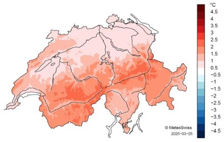 Figura 7: distribuzione delle temperature in Svizzera durante l'inverno 2024/2025. È indicata la deviazione (in °C) dalla norma 1991-2020 