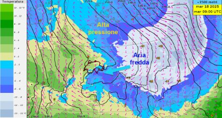 Temperatura a 850 hPa (circa 1500 m) e pressione al suolo sull'Europa martedì 18 marzo alle ore 7 del mattino.