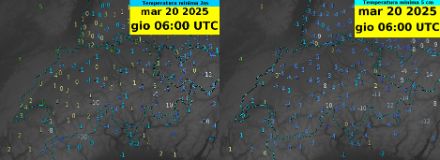 Temperature minime previste nella notte tra mercoledì e giovedì 2 metri sopra il terreno (a sinistra) e 5 cm dal terreno (a destra).