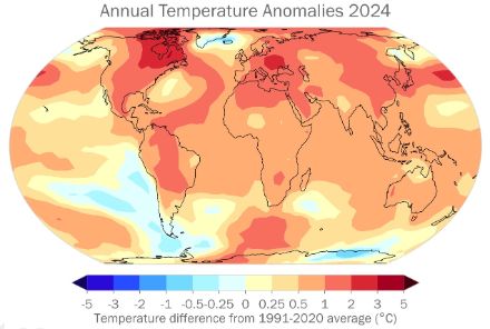 Anomalia delle temperature a livello globale, cartina del 2024