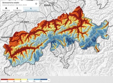 Altezza relativa della neve al 28.04.2024. Le condizioni d'innevamento in alta montagna l'anno scorso erano nettamente abbondanti. Alle quote più basse invece...l'anomalia era negativa.