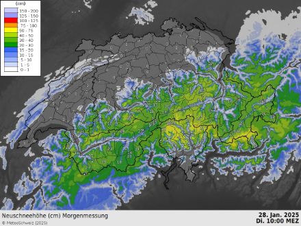 Quantitativi di neve fresca misurati fra il 27 e il 28 gennaio (24 ore). Visualizzate sono le misure (in cm) di alcune stazioni e l'interpolazione fornito dall'algoritmo INCA. 