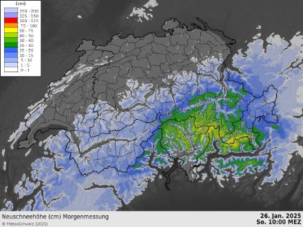 Quantitativi di neve fresca misurati fra il 25 e il 26 gennaio (24 ore). Visualizzate sono le misure (in cm) di alcune stazioni e l'interpolazione fornito dall'algoritmo INCA. 