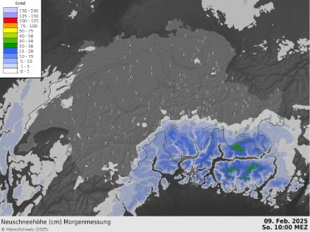 Quantitativi di neve fresca misurati fra l'8 e il 9 febbraio (24 ore). Visualizzate sono le misure (in cm) di alcune stazioni e l'interpolazione fornito dall'algoritmo INCA. (MeteoSvizzera)