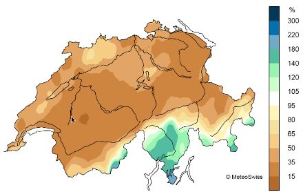 Fig. 4: Distribuzione spaziale del totale delle precipitazioni nel mese di marzo 2025, indicato in % della norma 1991-2020. Aggiornata il 26.03.2025.