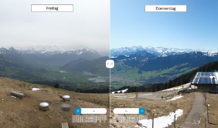 Confronto tra le immagini della webcam sul Wildspitz di oggi, venerdì (a sinistra) e di ieri (a destra), guardando verso sud. La visibilità nell’immagine di sinistra è decisamente ridotta.  