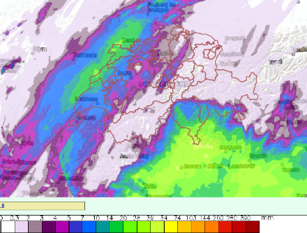 Mappa che mostra l'accumulo delle precipitazioni in 48h fra lunedì 10.3.2025 alle ore 17 e mercoledì 12.3.2025 alla medesima ora. 