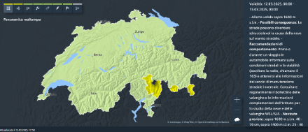 Mappa delle allerte del sito di MeteoSvizzera (aggiornamento 12.3.2025 ore 17:58). Sono evidenziata in gialle le regioni toccate dall'allerta di livello 2 per nevicate al di sopra dei 1600 m slm sull'arco di 3 giorni. 