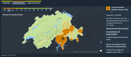 Carta dei pericoli sul sito di MeteoSvizzera con le allerte per Incendio di boschi emesse dalla Sezione forestale del Canton Ticino il 31.3.2025. 