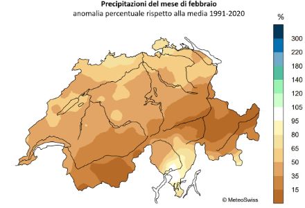 Fig. 4: Totale mensile delle precipitazioni di febbraio 2025, rappresentato come percentuale della norma 1991-2020. 