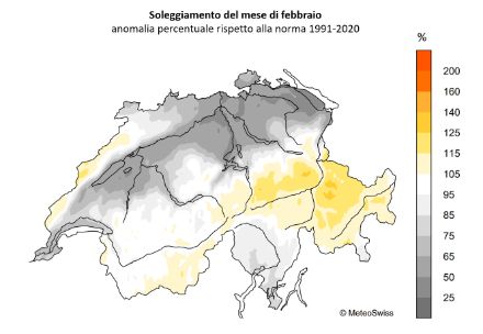 Figura 6: Soleggiamento totale del mese di gennaio 2025 in Svizzera, rappresentato come percentuale della norma 1991-2020. 