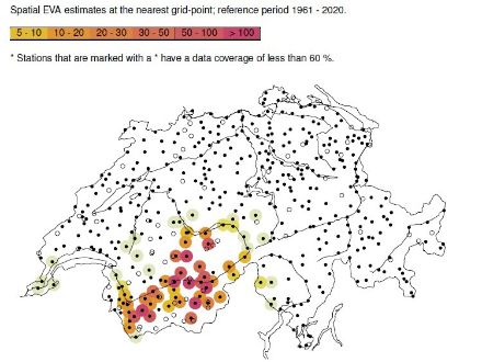 Fig. 3: periodo di ritorno delle precipitazioni (in anni) tra le 8:00 di mercoledì e le 8:00 di giovedì 
