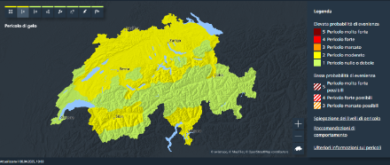 Cartina della Svizzera con le regioni allertate per gelo al suolo nella notte fra martedì 8 aprile e mercoledì 9 aprile 2025. 