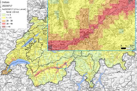 Mappa della Svizzera, colorata in base all'indice FWI. Lo zoom sull'area del Vallese mostra valore dell'indice FWI alto.