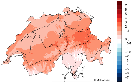 Figura 5: Anomalia mensile della temperatura media di marzo in Svizzera (in °C), rispetto alla norma 1991-2020. 