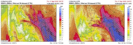 Fig. 2: previsione del vento a 5500 m di altitudine giovedì 17 aprile alle 14:00 ora locale da parte del modello ICON-2-CTRL, corsa del 14 aprile 06 UTC a sinistra e dal 15 aprile 06 UTC a destra 