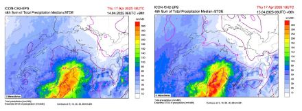 Fig. 4: mediana (aree colorate) e deviazione standard (linee rosa) dei totali di precipitazione in un periodo di 48 ore da martedì 18 UTC a giovedì 18 UTC previsti dal modello ICON-2E, corsa del 14 aprile 2025 alle 06 UTC a sinistra, corsa del 15 aprile alle 06 UTC a destra 