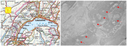 Foto aerea del 1946. Si possono vedere chiaramente i danni causati alla foresta dalla tempesta del 15 gennaio 1946 nella zona di St-Laurent en Grandvaux (vedi frecce rosse nell'immagine a destra).