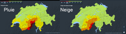 Figura 5: Mappa delle allerte di pericolo di precipitazioni valida questo mercoledì 16 aprile 2025 verso mezzogiorno. (Pluie=Pioggia / Neige=Neve)