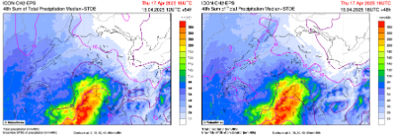 Figura 4: Mediana (intervallo di colori) e deviazione standard (linee fucsia) delle precipitazioni totali cumulate su un periodo di 48 ore da martedì 18 UTC a giovedì 18 UTC previste dal modello ICON-2E, run del 15 aprile 2025 alle 12 UTC a sinistra, run del 15 aprile 18 UTC a destra.