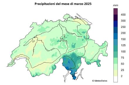 Fig. 3: Totale mensile delle precipitazioni di marzo 2025. 